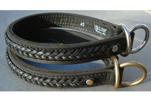 KENJAN Kvælerhalsbånd - læder - med flet - dobbeltsyet - 24 mm bredt - SORT